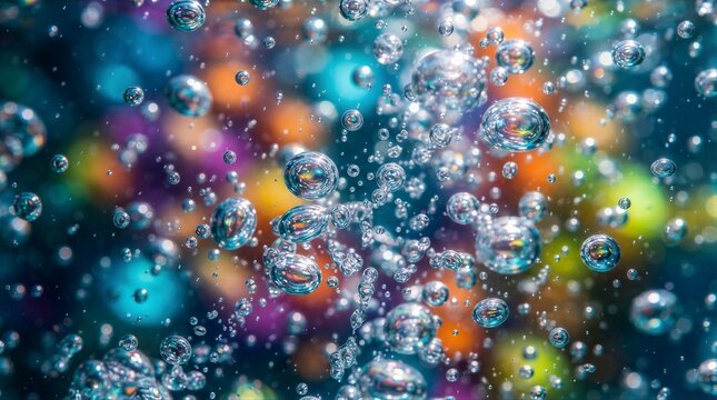 Water bubbles rising against colorful blurred background