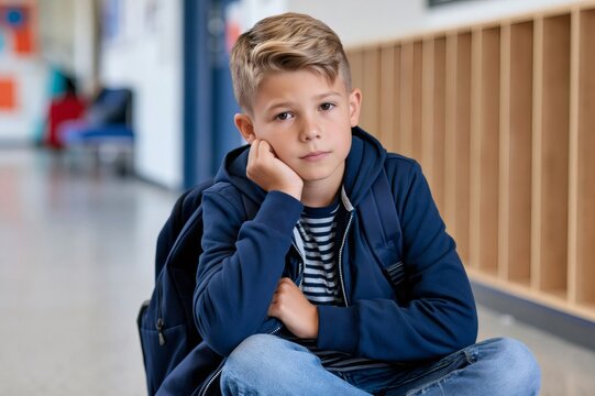 Sad schoolboy feeling lonely sitting in school hallway