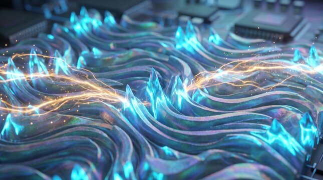 Vibrant futuristic energy waves with glowing neon blue and teal abstract texture patterns
