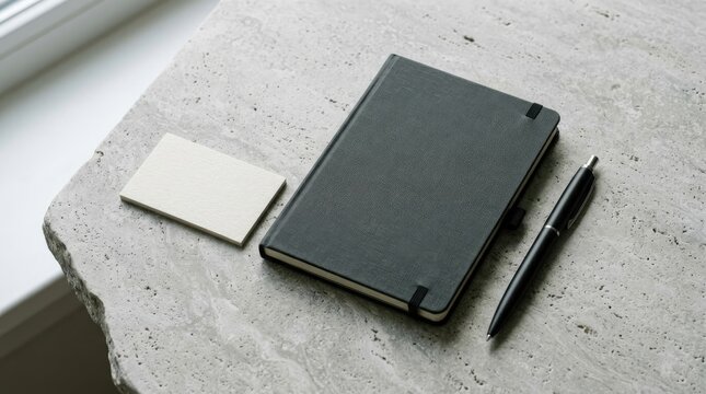 Minimalist black journal notebook and business card on a textured stone surface mockup template