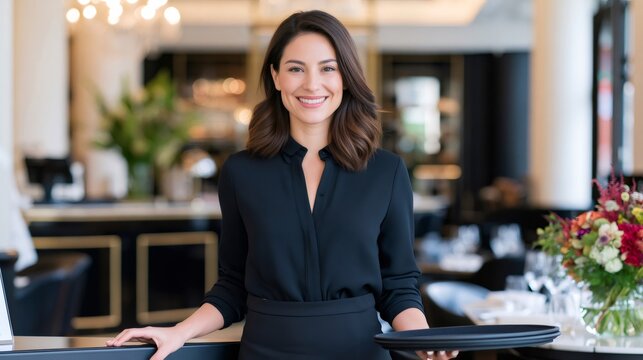 Professional hostess holding tray welcoming guests in restaurant