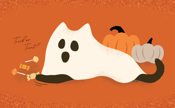 ハロウィンのおばけになっていたずらする猫のフラットな手書き風ベクターイラスト_カードのバックグラウンドや広告などに最適