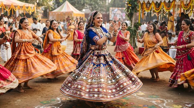 Group of women in traditional indian attire dancing garba at a festive outdoor celebration