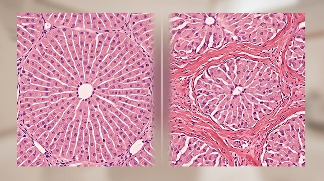 Microscopic view comparing healthy liver lobules and fibrotic liver tissue structure in cross section with medical science liver anatomy medical illustration stained slide internal structure