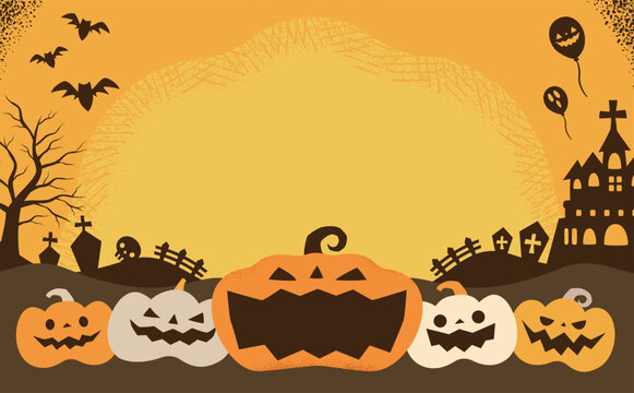 ハロウィンのかぼちゃや家の手書きフレーム背景_ハロウィーンのベクターバックグラウンド_10月、オレンジの背景イラスト