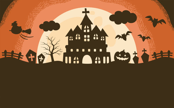 ハロウィンのフラットなシルエットバックグラウンド_不気味な家や墓、かぼちゃのハロウィーンフレーム_黒背景のコピースペース