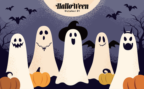 ハロウィンの夜のおばけのイラスト_手書き、フラットなハロウィーンバックグラウンド_カードや広告ポスターなどに最適