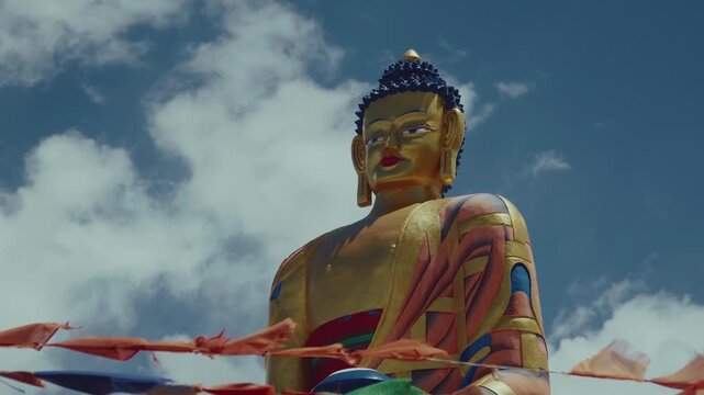 Majestic buddha statue overlooking the himalayas. capturing the peaceful buddhist atmosphere.
