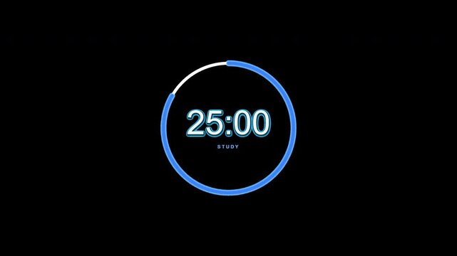 Digital 25 Minute Pomodoro Timer with Blue Circular Progress Ring for Study and Productivity