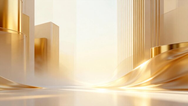 Luxury empty modern abstract architectural space with golden glass columns and flowing silky fabric on soft light background shows premium clean product display background