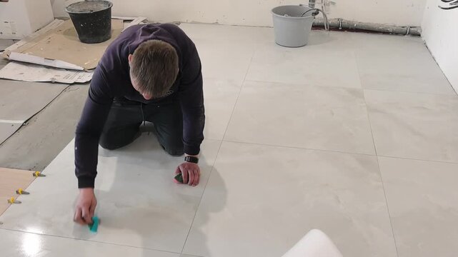 A person is laying floor tiles in an indoor space. They are focused on aligning a tile and using tools to ensure it fits correctly. The area is empty except for some supplies like buckets and tile
