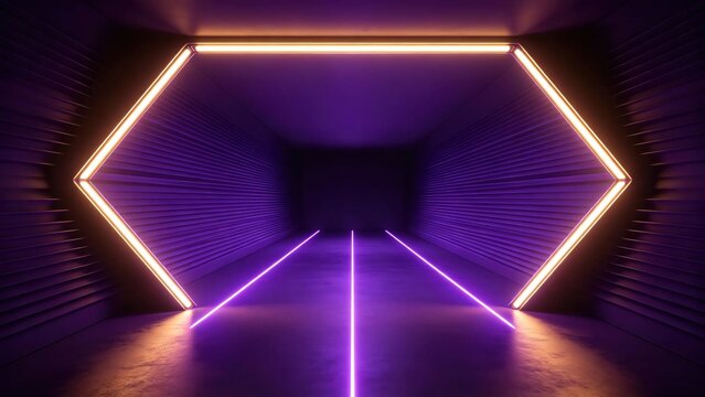 Futuristic empty dark corridor with glowing diamond shaped orange neon frame and purple neon lines on floor shows modern sci-fi tech abstract space design