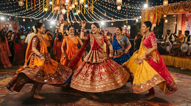 Women in vibrant traditional indian clothing dancing garba at a night event