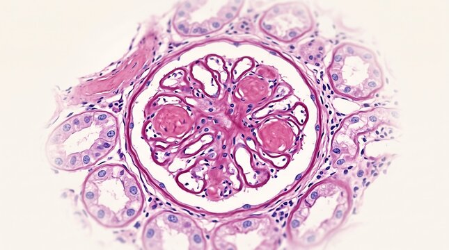 Renal corpuscle with glomerulus under a microscope showing kidney tissue histology slide nephron structure tissue sample medical science kidney anatomy renal system pink tissue