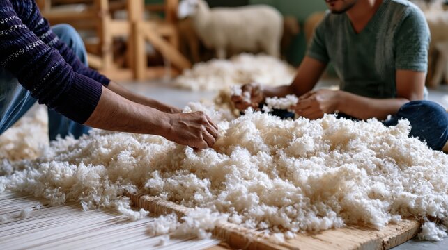 Farmers separating raw wool fibers during shearing with sheep in background natural light