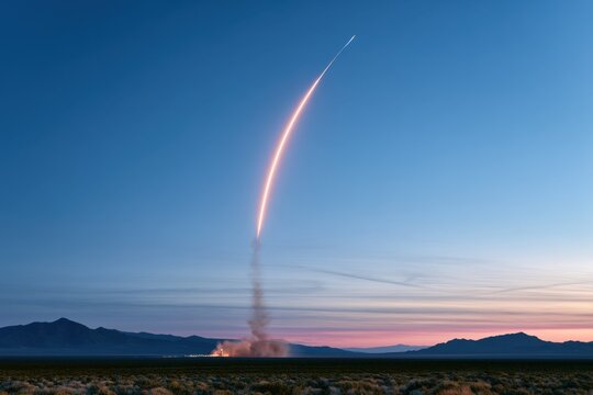 Rocket launch occurs at dusk, lighting the sky with trails and clouds of smoke from the ground. World Space Week