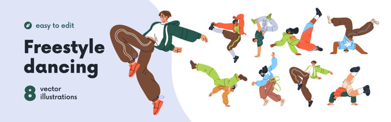 Fototapeta premium Breakdance, street freestyle dancing set. Energetic young people performing hip-hop moves to music. Dancers in cool poses, urban youth culture. Flat vector illustration isolated on white background
