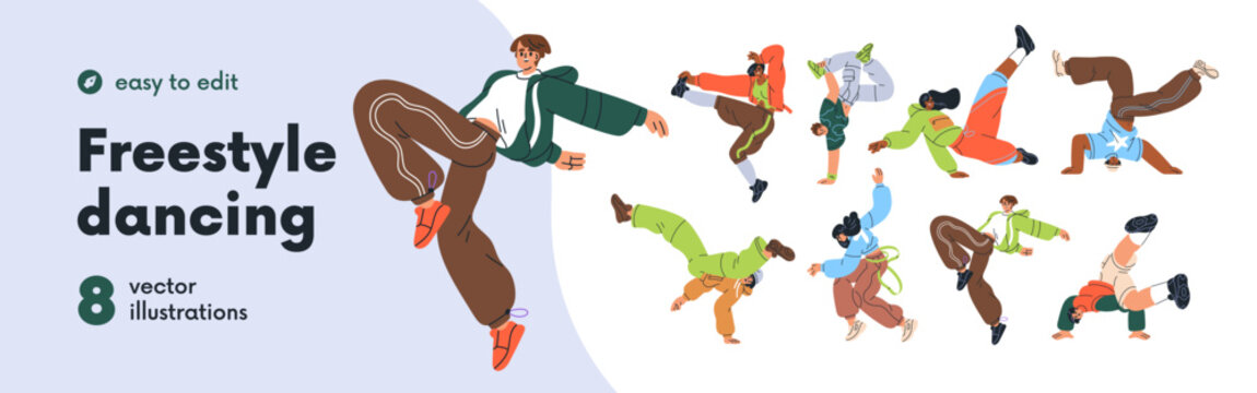 Breakdance, street freestyle dancing set. Energetic young people performing hip-hop moves to music. Dancers in cool poses, urban youth culture. Flat vector illustration isolated on white background