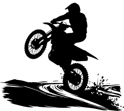 Black and White Vector Silhouette of a Motocross Rider Performing a Wheelie Jump on a Dirt Track with Splashing Mud