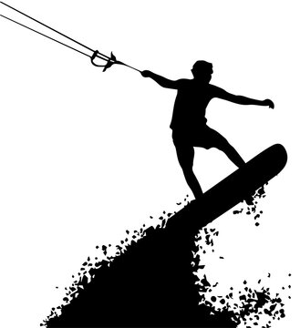 Black Silhouette of a Kitesurfer Jumping Over a Wave Extreme Water Sport Vector Illustration