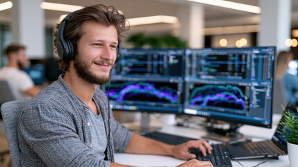 Fototapeta premium Young man with headphones working on dual monitors displaying financial data charts in a modern office setting