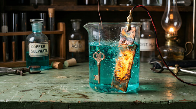 Macro Glowing Amber Victorian Electroplating Bath Copper Anode with Teal Solution on Sage Laboratory Bench