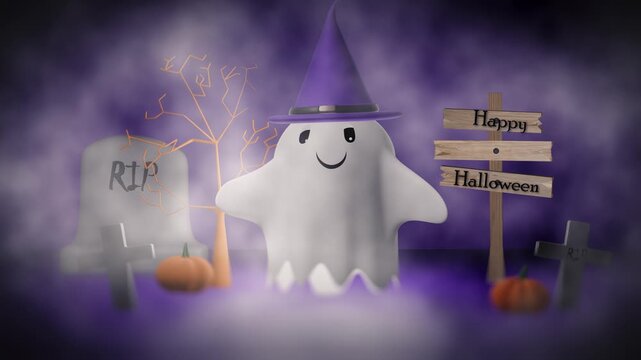 Halloween happy dancing ghost and rickey old wooden signpost in foggy purple background zoom out camera effect 3d 4k animation