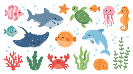 Fototapeta premium ocean life themed sticker set with a cute doodle style, sharks, dolphins, turtles, jellyfish, crabs, coral, and seaweed
