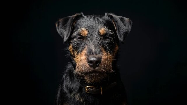 jagdterrier close up isolated on black background studio portrait in germany video