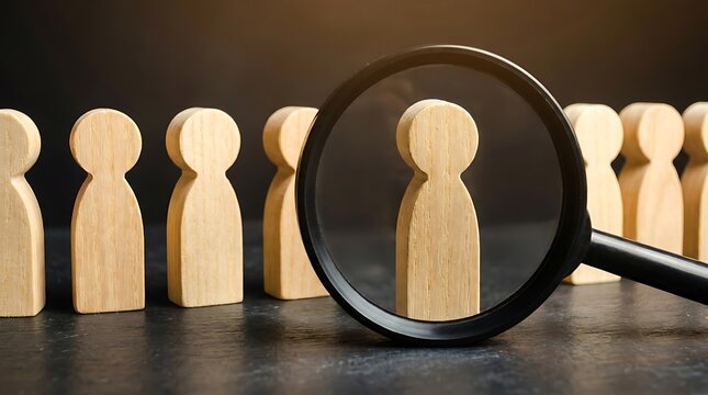 Magnifying glass examining wooden figure inspection
