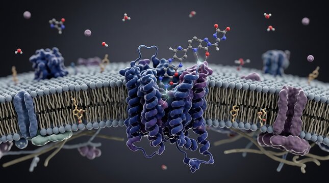 Detailed 3D rendering of a transmembrane protein channel embedded in a cell membrane lipid bilayer with ion channel 3D rendering amino acids biochemistry cellular molecular microscopic receptor