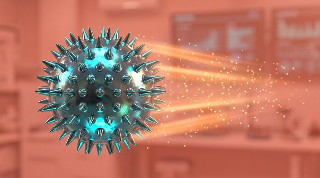 Glowing metallic spiked sphere with dynamic orange light trails on dark brick wall background