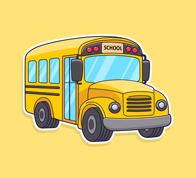 Yellow school bus sticker illustration with white border isolated on bright yellow background cartoon style
