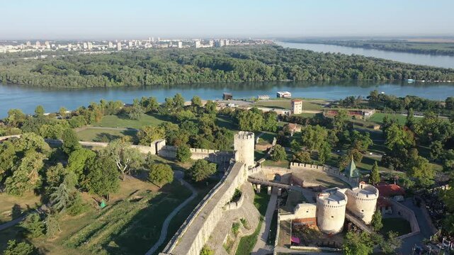 Belgrade Fortress, fortification built at confluence of rivers, stands out against background of dense urban development. Belgrade Fortress, Serbia, aerial view 