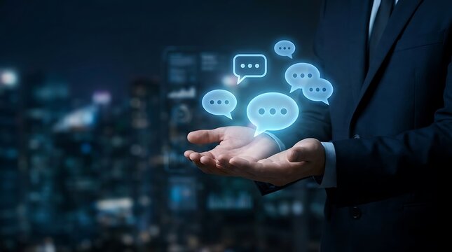 Hands holding glowing speech bubbles over cityscape