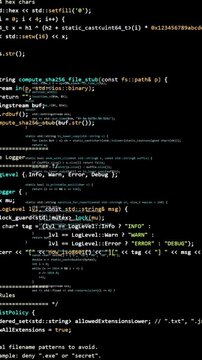 Vertical programming cyber security application in c++ animation. High tech commands look