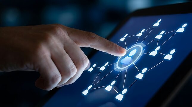 Hand pointing at digital network on tablet finger touch