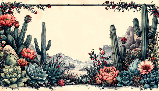 Vintage desert landscape frame with blooming cacti and colorful succulents hand-drawn illustration