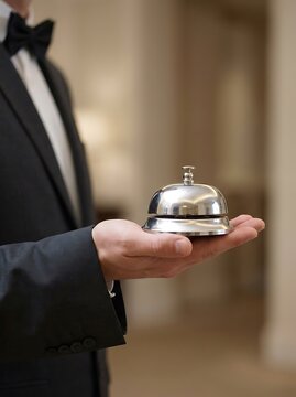 Hand holding silver service bell silver bell hotel