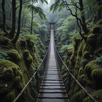 Wooden suspension bridge stretching across a deep mossy forest ravine surrounded by trees