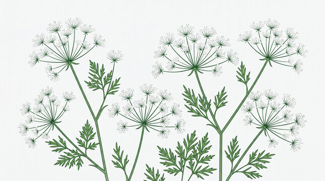 Delicate green hemlock wildflowers illustrated with fine ink lines on a light textured paper background