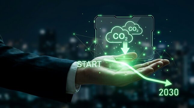 Hand holding co2 reduction target 2030 hologram carbon dioxide