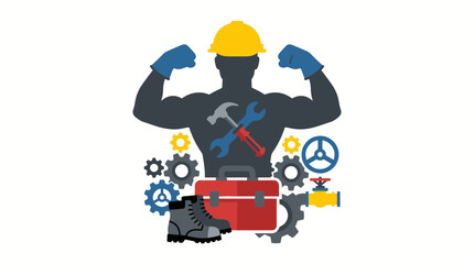 Fototapeta premium Strong muscular construction worker silhouette with professional industrial tools gears and equipment for repair maintenance services