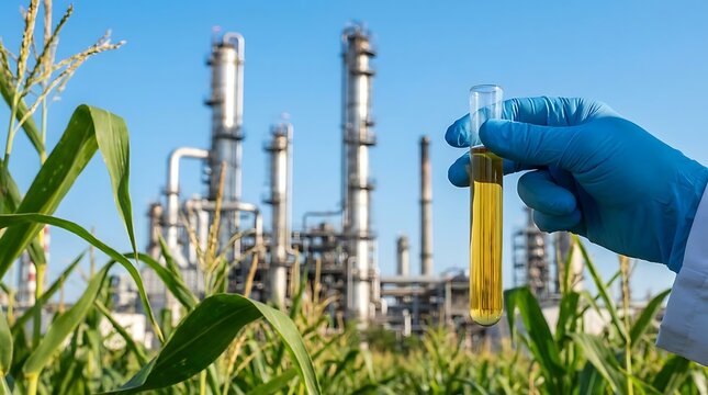 Gloved hand holding test tube with yellow liquid, industrial plant background