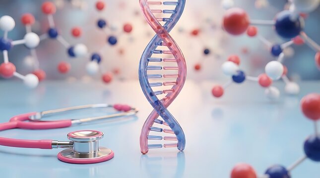 Dna helix with stethoscope and molecular structures