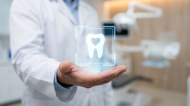 Dentist holding holographic tooth healthcare medical