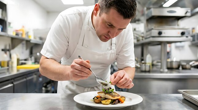 Chef plating gourmet dish in kitchen cooking