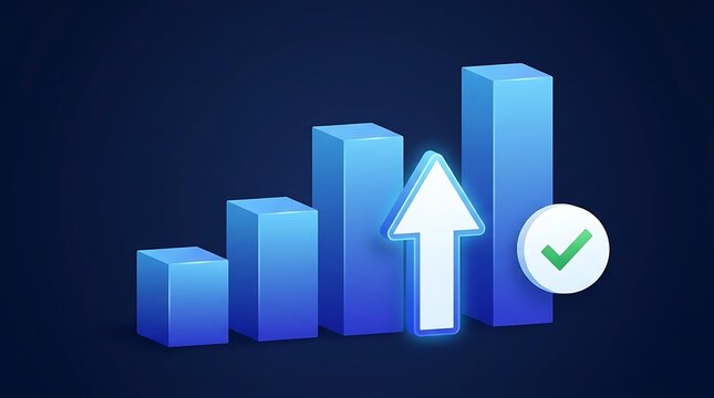Blue bar chart with upward arrow and checkmark gradient