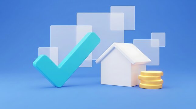 Blue checkmark, white house, and gold coins on blue background