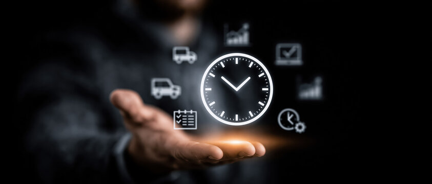 Business professional holding virtual clock interface with productivity and time management icons for deadline planning and scheduling efficiency